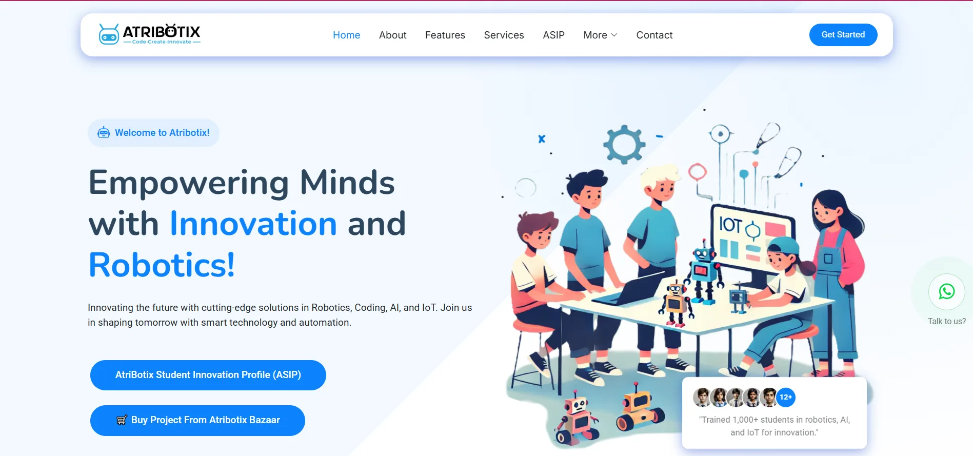 Atribotix homepage: “Empowering Minds with Innovation and Robotics!” beside an illustration of students building robots.