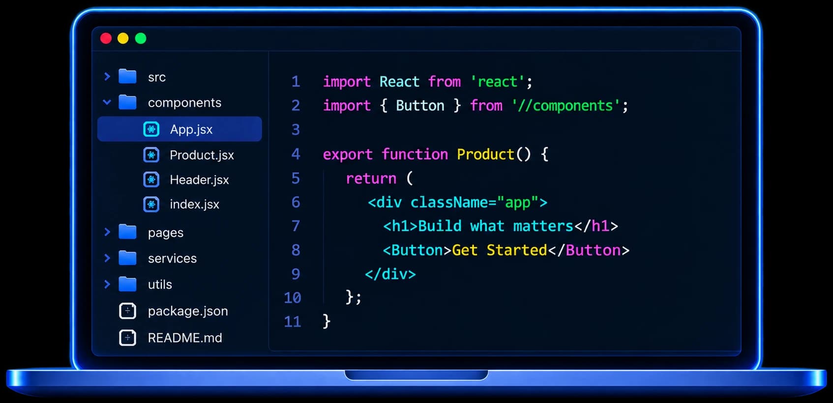 Code editor showing a React component